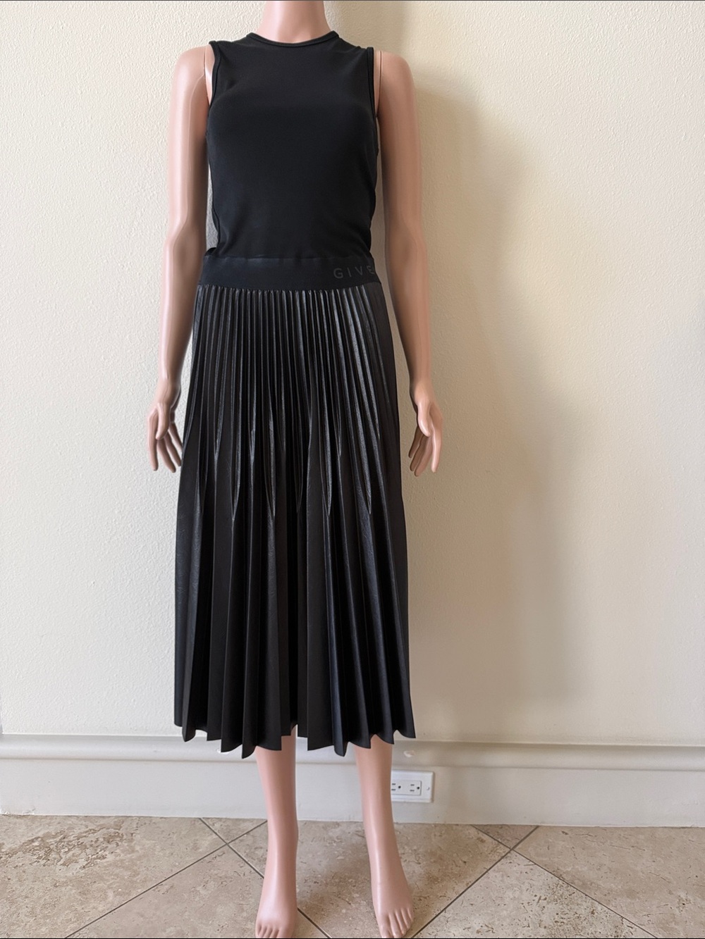 Givenchy Black Pleated Midi Dress with Logo Waistband